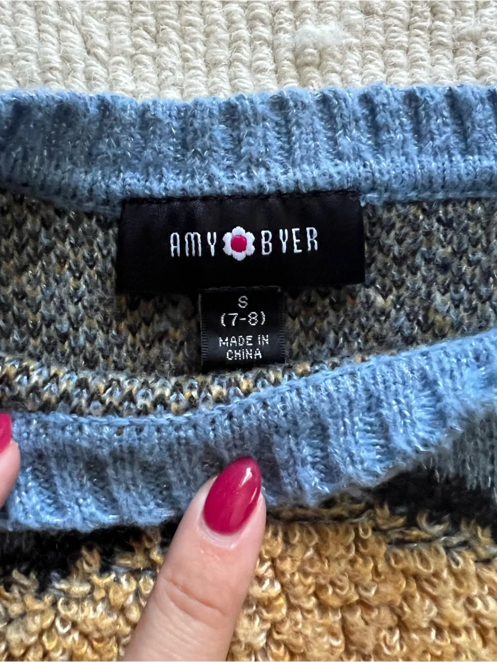 Amy Byer Light Blue Crewneck Sweater with Tan Smiley